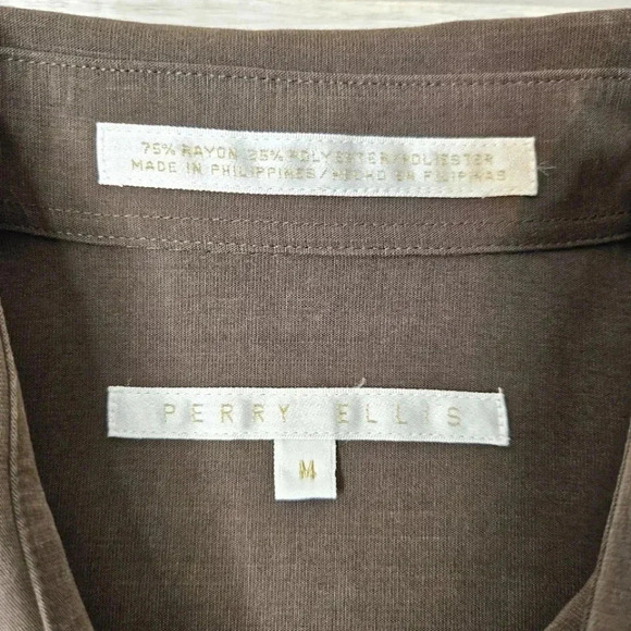 Perry Ellis Mens Chocolate Brown Rayon Poly Blend Button Down Dress Shirt Size M - Picture 3 of 8